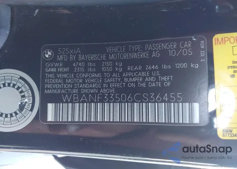 2006 BMW 525Xi from USA, damaged, VIN WBANF33506CS36455